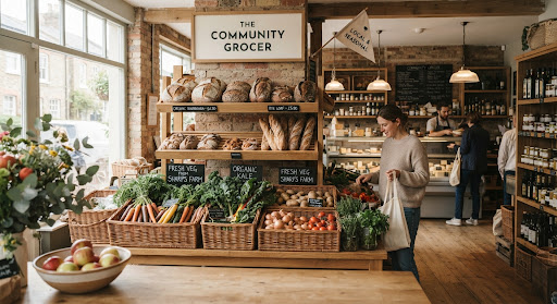 A warm, editorial photograph of a high-end local UK grocery shop interior