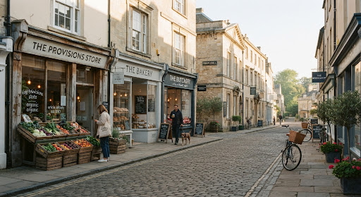 A cinematic, warm-lit editorial photograph of a modern British high street with independent boutique grocery shops